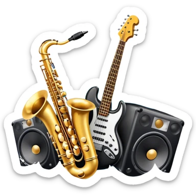 Icon for R&B Music Listening: large concert speakers and headphones with waves of musical notes coming out, along with drums, bass guitar and saxophone. The icon should convey the energetic and rhythmic vibe of R&B music. Transparent background sticker