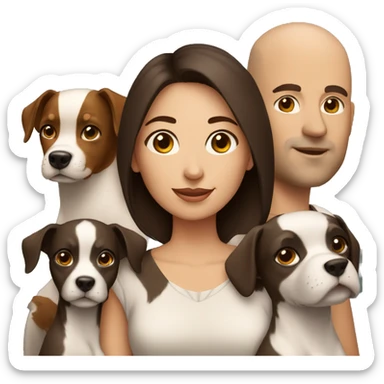 dark brown haired woman bald man with 3 dogs sticker