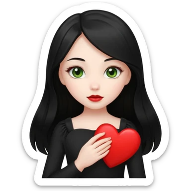 Pale girl with long black hair and olive green eyes wearing black dress and holding a heart sticker