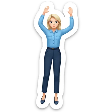 female smart light blue blouse, dark trousers, shoes. one hand raised above her head sticker