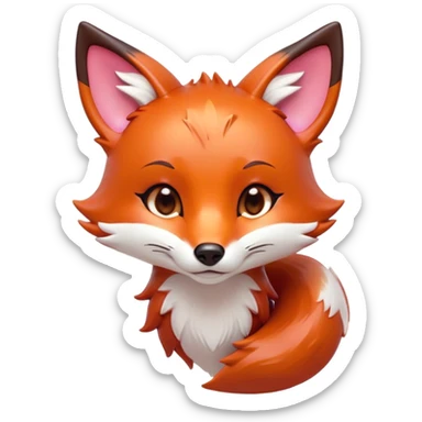 Cinematic Cute Fox Portrait Emoji, Head tilted playfully and inquisitively, featuring a glossy red Fur with delicate white accents and perky ears, round, sparkling amber eyes filled with mischievous curiosity, Simplified yet irresistibly adorable features, highly detailed, glowing with a warm, friendly glow, high shine, affectionate and lively, stylized with a touch of woodland whimsy, bright and endearing, soft glowing outline, capturing the essence of a mischievous yet loving fox, so playful it feels like it could dart out of the screen and into your arms! sticker