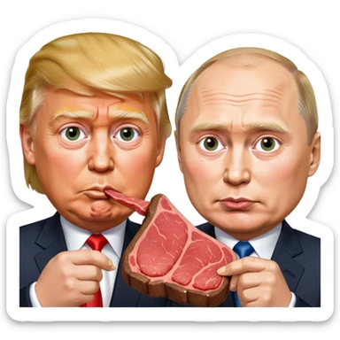 photorealistic Donald Trump and Putin eating a steak shaped like an piece of land sticker