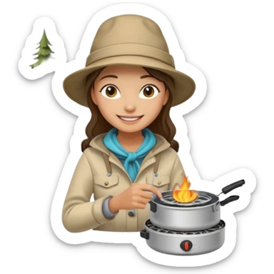 A woman camper boiling water on a portable stove, enjoying the outdoor sticker