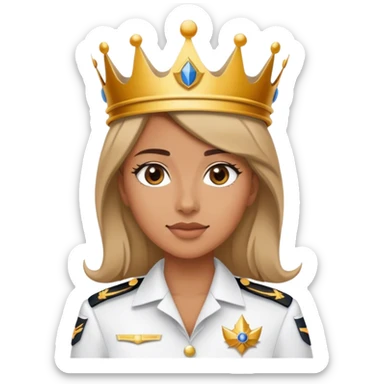 young woman wearing a captains uniform and a crown sticker