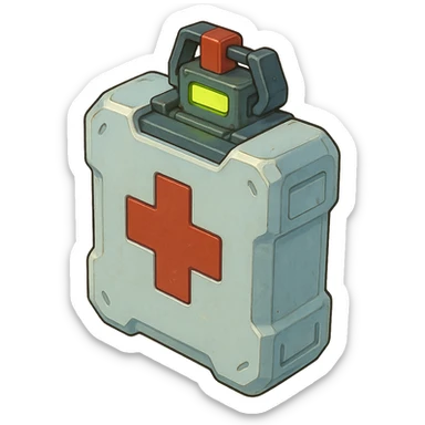 the image is the icon for a videogame insta-use item, it is a medpack- fututistic cyberpunk- resembles a canister with deadswitch, medical military clean plastic, opaque container sticker
