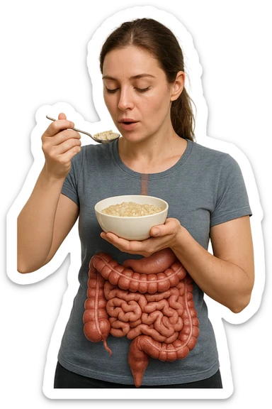 DONNA REALISTICA IN PIEDI CON INTESTINO UMANO ANATOMICO IN EVIDENZA CHE MANGIA UN PORRIDGE DI AVENA, iperrealistico 4k, SFONDO BIANCO sticker