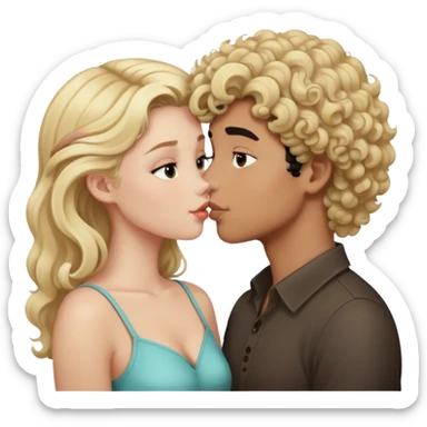 blonde haired girl kissing curly black haired boy. white couple sticker