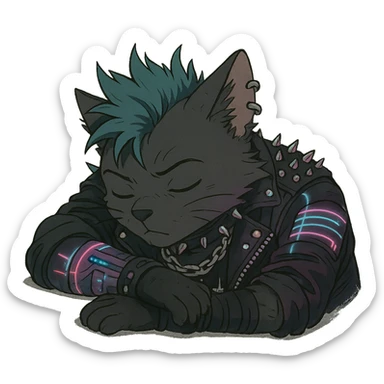  a anthro cat laying down his head to nap, punk gothic style, futuristic cyberwave cyberpunk, sticker
