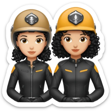 A motorcyclist and a shorter girl with curly black hair, facing each other. sticker