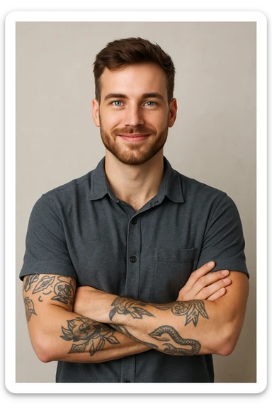 A man, 25, blue eyes, brown hair, short beard, arms crossed, smiling, tattoos visible on his left arm, confident expression. sticker