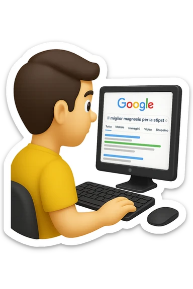 emoji stile iphone di un uomo davanti al pc che cerca di google: "Il miglior magnesio per la stipsi", iperrealistico 4k sticker