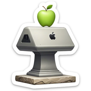 An Apple 2 computer sitting on a stone pedestal with a spotlight on it sticker