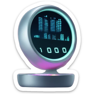 Illustrate a sleek, modern alarm clock with a holographic display, set against a backdrop of a futuristic city skyline. The clock should have a neon glow, emphasizing its high-tech nature. sticker