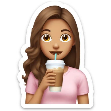 girl drinking an iced coffee with long brown hair half up half down and baby pink top sticker