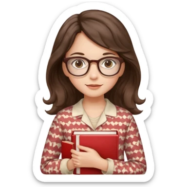 Миловидная девушка брюнетка с длинными  волосами на которых легка волна. карими глазами. В очках и в пижаме с книгой. Картинка должна были в цветах: бежевый, бледно красный, коричневый, белый sticker