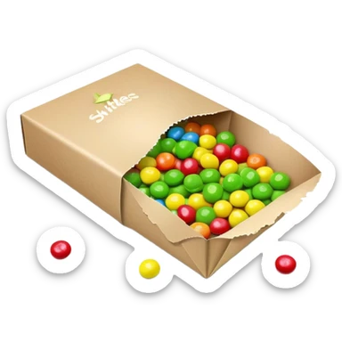 Torn open Skittles package with green candies visible inside, minimalist style with simple rainbow colors. sticker