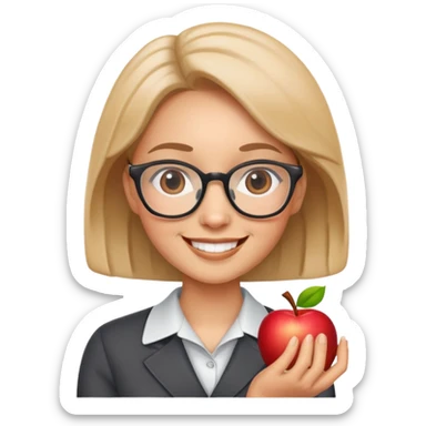 Cute smiling teacher with glasses and apple sticker