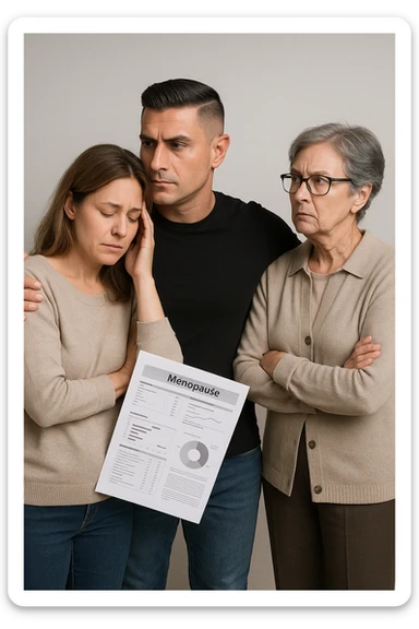 Middle-aged man standing between his menopausal wife and critical mother-in-law, body language shielding her, medical reports in hand proving her symptoms are real sticker