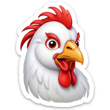 Cinematic Comical White Rooster Portrait Emoji, Head tilted dramatically with an exaggeratedly shocked or amused expression, featuring a striking pure white plumage with a bold red comb, wide, expressive eyes filled with playful disbelief, Simplified yet hilariously expressive features, highly detailed, glowing with a slightly sassy glow, high shine, dramatic yet playful, stylized with an air of cheeky mischief, bright and endearing, soft glowing outline, capturing the essence of a spirited and over-the-top rooster, so meme-worthy it feels like it could crow its way into internet fame instantly! sticker