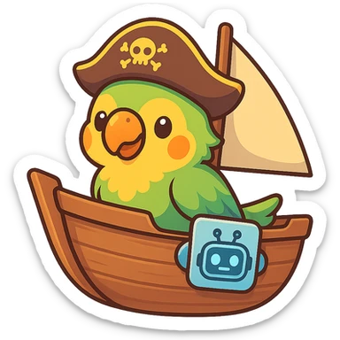 shippit-parrot style parrot in a boat, featuring a clear AI/copilot icon robotic or digital as part of the ship, vibrant animated style sticker