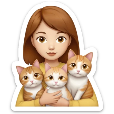 Asian girl, brown hair, brown eyes skin tone almond holding three cats one ginger, one yellow white one British short hair cream colour sticker