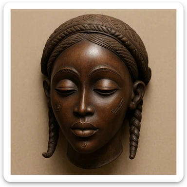 Mwana Pwo mask, Cokwe people, Angola, classic African mask, smooth wood, expressive feminine face, cultural symbolism, minimal background sticker