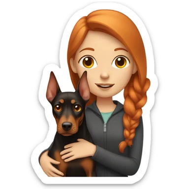 Girl with ginger hair holding a Doberman sticker