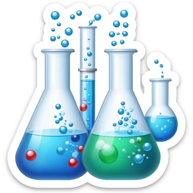 An icon featuring laboratory flasks with tubes, symbolizing chemistry. The design includes liquid and powder substances, a chemical reaction with bubbles, and molecular formulas, representing chemical processes like hydrolysis. Transparent background sticker
