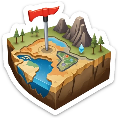 An icon featuring a crowbar and a geological map, and layers of Earth’s crust, symbolizing geology. The design includes mineral samples, fossils, and tectonic plates, representing the study of Earth’s structure and natural processes. Transparent background highlights geological exploration sticker