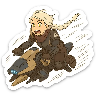 1 female, white hair long braid, gold yellow eyes, no helmet, a novice warlock from Destiny 2 armor,, futuristic technology,, level 1 warlock, flying out of control on a sparrow sticker