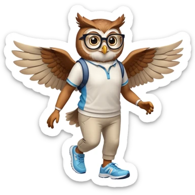 friendly anthropomorphised owl with visible wings, in pants and a shirt, wearing glasses, jogging upright, standard pose sticker