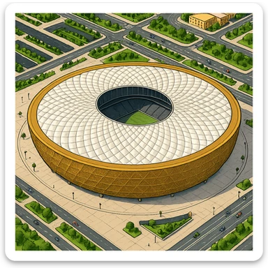Изометричная, яркая, детализированная и фотореалистичная иллюстрация стадиона Lusail Stadium в стиле 3D-коллажей городов, насыщенные цвета, аккуратные и чёткие линии, мультяшно-реалистичная стилистика. Чёткие контуры, не размазанные линии, высокое качество, прозрачный фон, не обрезать края стадиона. sticker