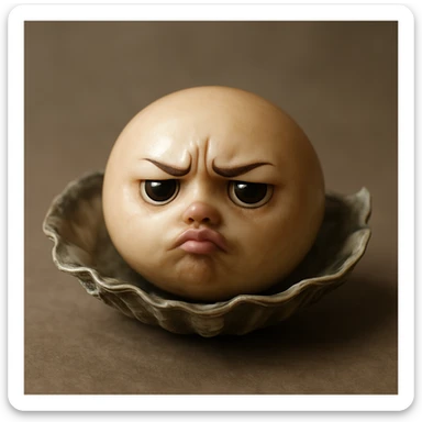 A cute oyster with a pouty expression, pursed lips, and furrowed eyebrows, in photorealistic style. sticker
