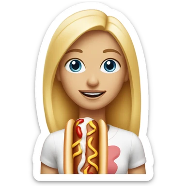 Blonde girl with blue eyes with a hot dog sticker