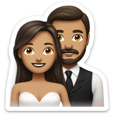 Wedding couple with woman with tan skin, black shoulder length and man with brown hair, beard moustache sticker