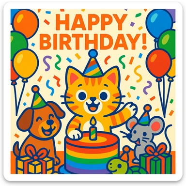 vibrant-toon style birthday party scene with a rainbow color theme including rainbow balloons, multicolored decorations, confetti, a large rainbow birthday cake, gifts, and a festive atmosphere. Main character is a ginger tabby kitten wearing a birthday hat, surrounded by a puppy, turtle, and mouse also celebrating. Prominent 'Happy Birthday!' message included in the scene. sticker