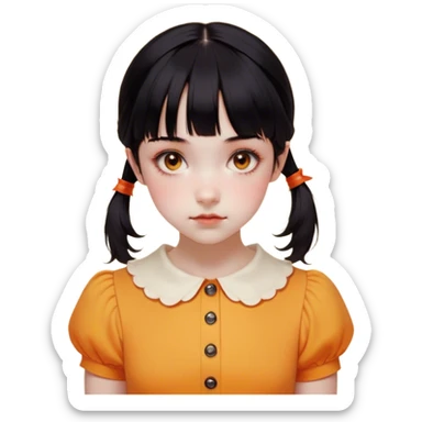 Face: Round with a porcelain-like finish, slightly eerie but innocent expression.
	•	Eyes: Large, dark, and slightly glossy, with a red sensor-like glow when activated.
	•	Hair: Black, neatly tied into two low pigtails with short bangs.
	•	Outfit: Yellow-orange short-sleeved shirt with a Peter Pan collar and a high-waisted orange jumper dress.
	•	Details: A small, unsettling smile and a slightly tilted head to capture her eerie nature. sticker