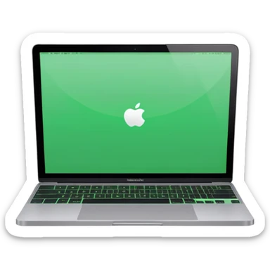 A macbook laptop front facing with its screen showing green screen. sticker