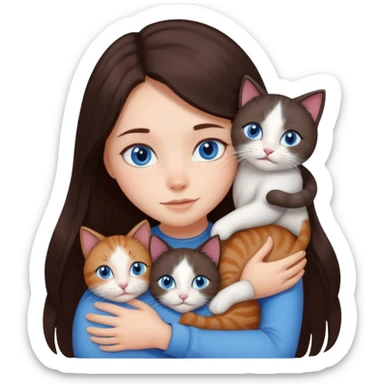a girl with long dark 
brown hair, with blue eyes, hugs 3 different natural coloured cats sticker