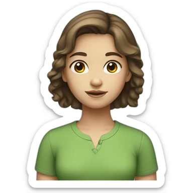 A young girl with white skin, brown hair, brown eyes, and a green shirt  sticker