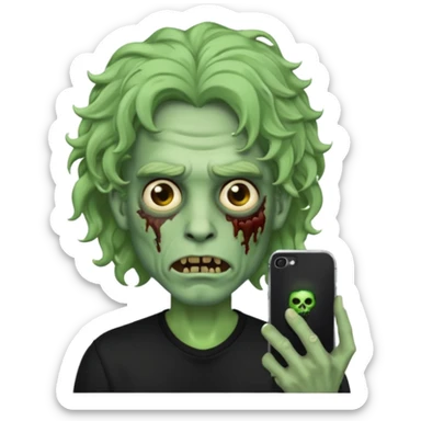 Emoji masculino de zumbi estilo iPhone,com cabelo ondulado grande, camisa preta e brincos sticker
