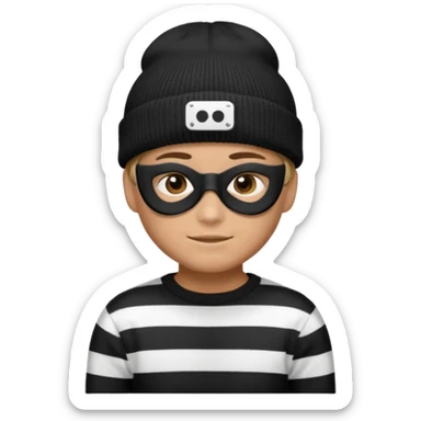 boy emoji with black knit beanie, thin black domino mask, and a black-and-white horizontally striped sweater sticker