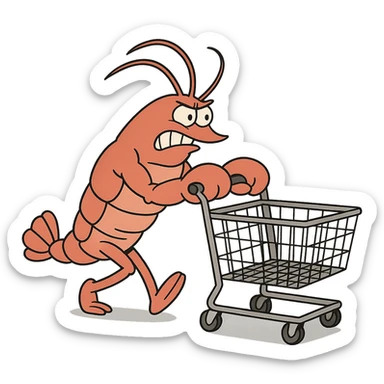 strong lobster pushing a shopping cart, transparent background sticker