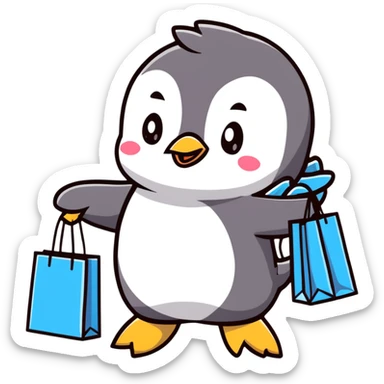 kawaii baby penguin at a shopping mall with shopping bags sticker