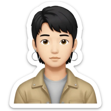 asian male with a black middle part with a kpop mullet and silver hoop earrings sticker