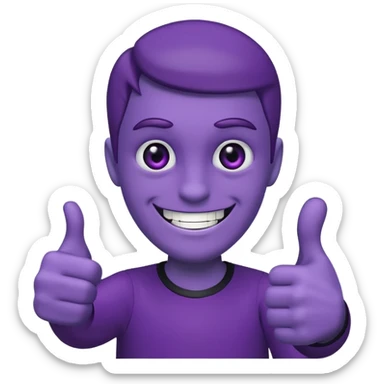 purple guy, black sclera, white pupils, grin, thumbs-up sticker