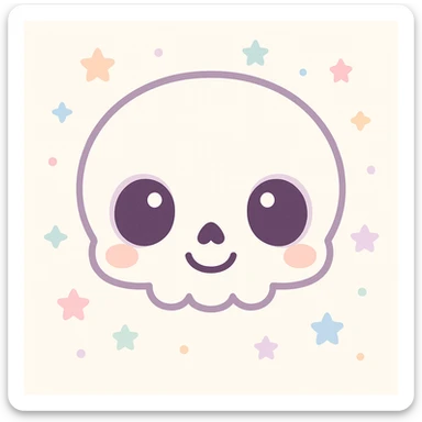 adorable cartoon skeleton head, front view, big eyes, smiling, not scary, kawaii style sticker