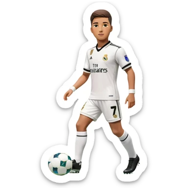 A 3D hyper-realistic male football player wearing a classic Real Madrid home kit, featuring a white jersey with black collar and cuffs, number 7 on the chest and shorts, and the Real Madrid logo. The outfit includes white shorts, white knee-length socks with black stripes, and white football shoes. The background is a smooth green gradient. The player's physique is muscular and athletic, standing in a neutral pose. sticker