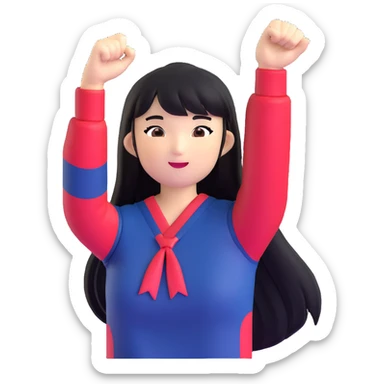 East Asian woman with long black straight hair and bangs wearing Doosan Bears team colors navy blue and red, cheering sticker