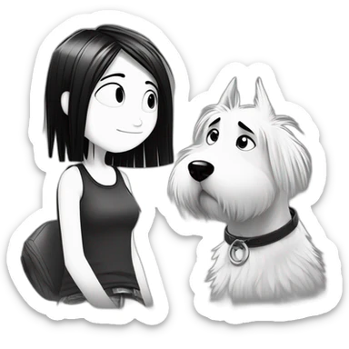 a dog and a girl with black spiky hair looking at each other in style of ((sarah andersen)), black and white,sarah andersen,cartoon,drawn,sketch sticker